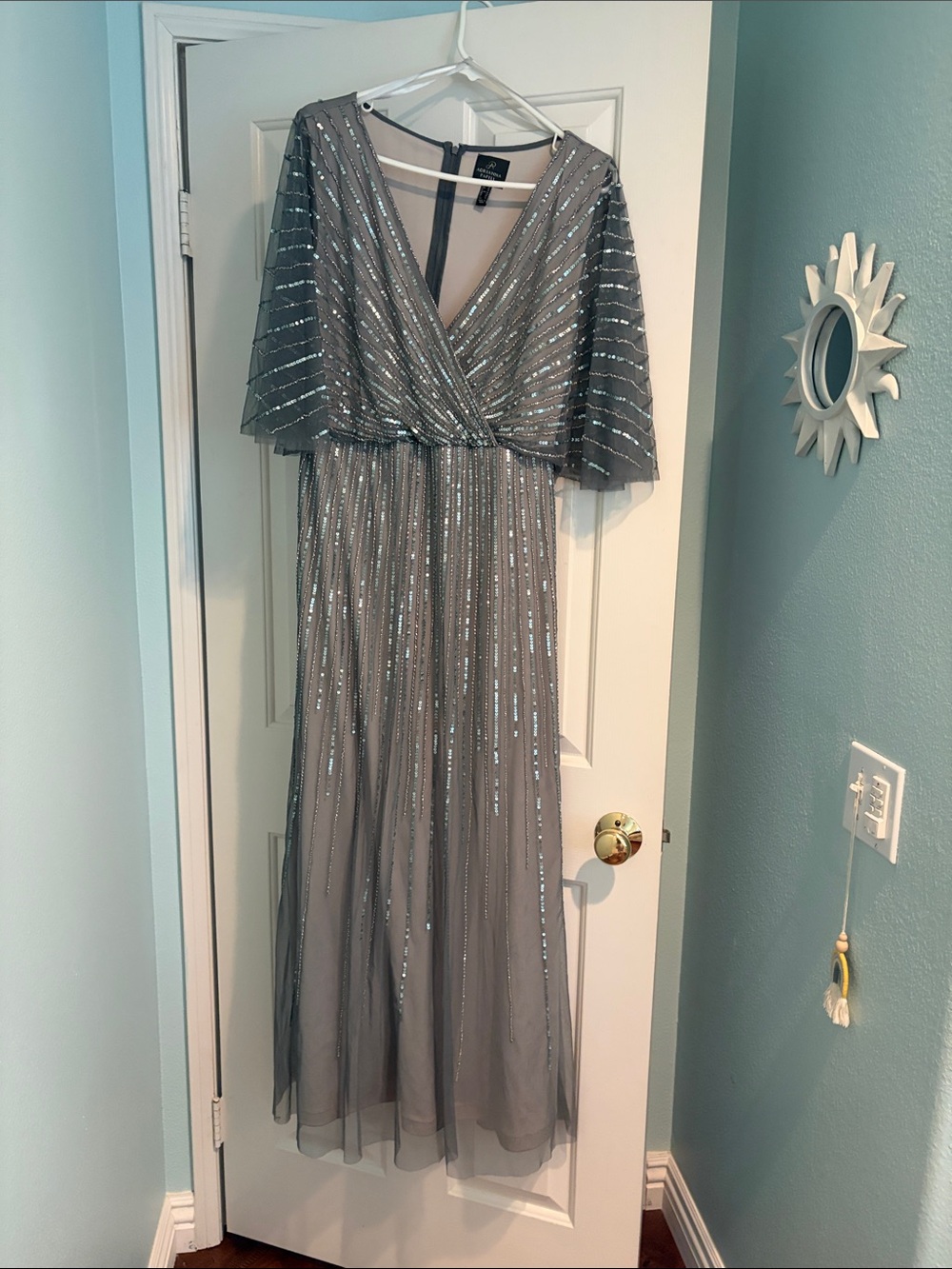 Adrianna Papell Silver-Gray Sequin Maxi Dress